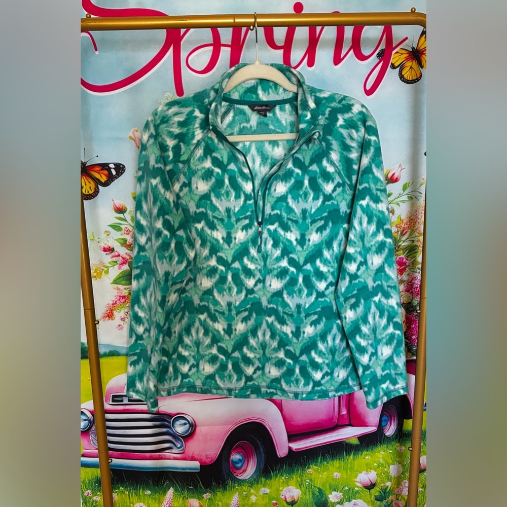 Eddie Bauer Teal and White Patterned Quarter-Zip Pullover